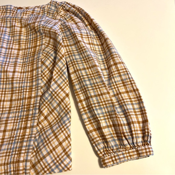 Free People Tan/Blue Plaid Back Button Up Puff Sleeve Blouse Sz S - Picture 7 of 15